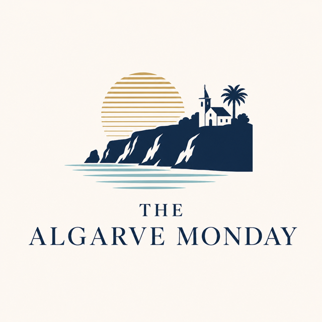 The Algarve Monday logo: the sun setting behind cliffs, a church and a palm tree